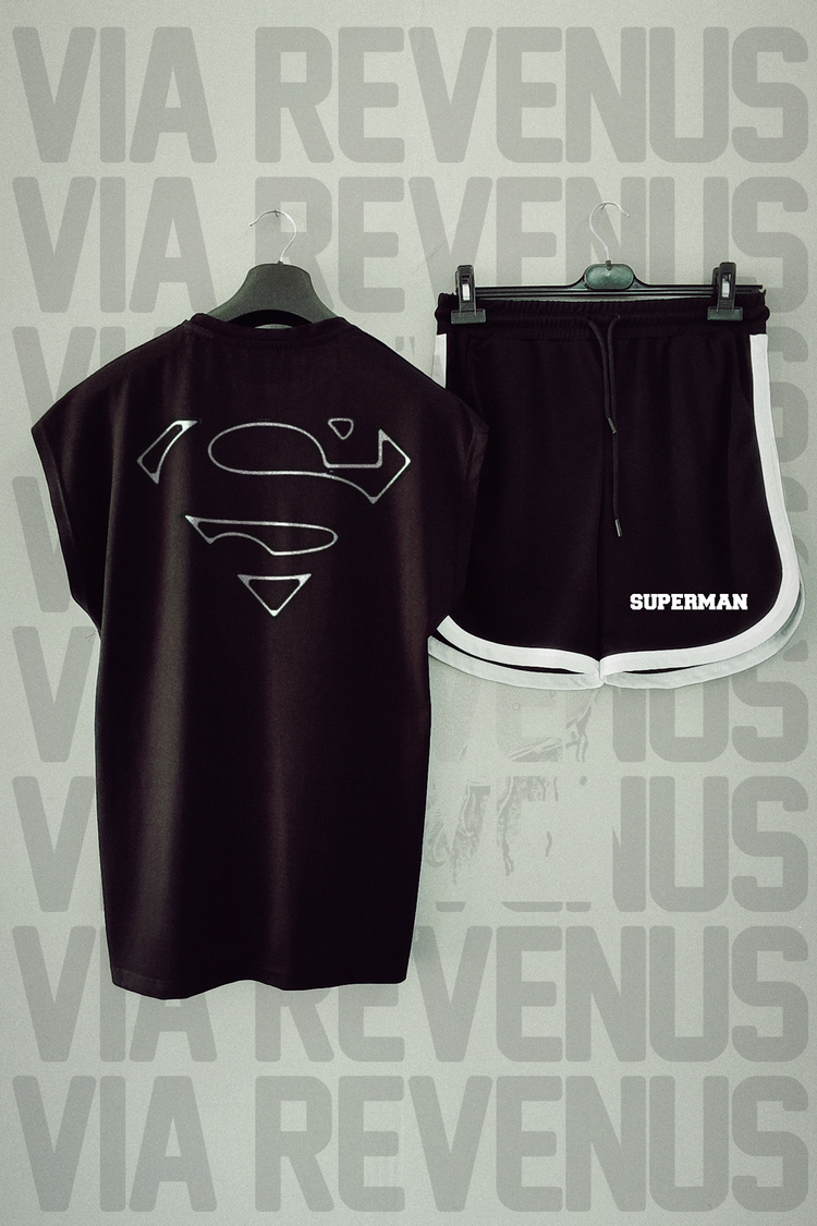 Superman Baskılı Sıfır Kollu Siyah Tişört ve Spor Şort