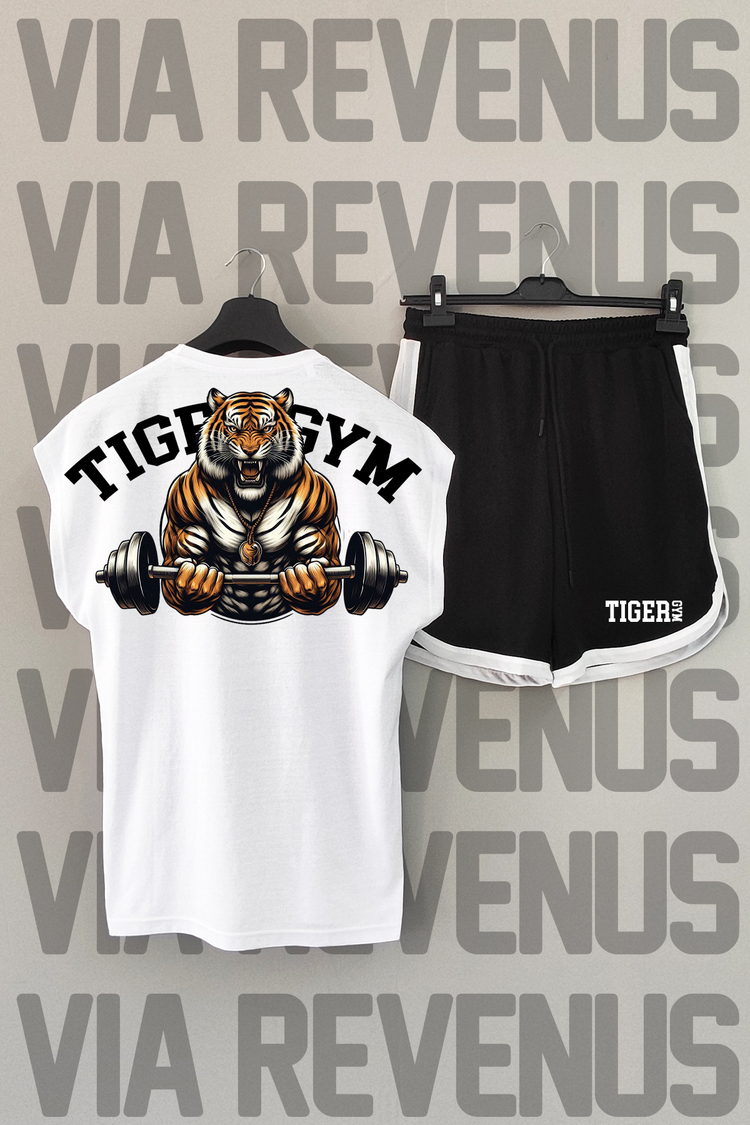 Tiger Gym Baskılı Beyaz Sıfır Kol Tshirt Şort Takımı