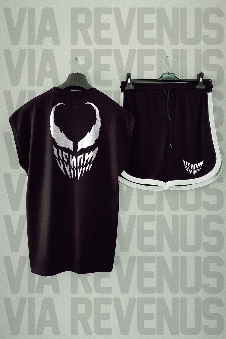 Venom Baskılı Siyah Sıfır Kol Tshirt Şort Takım