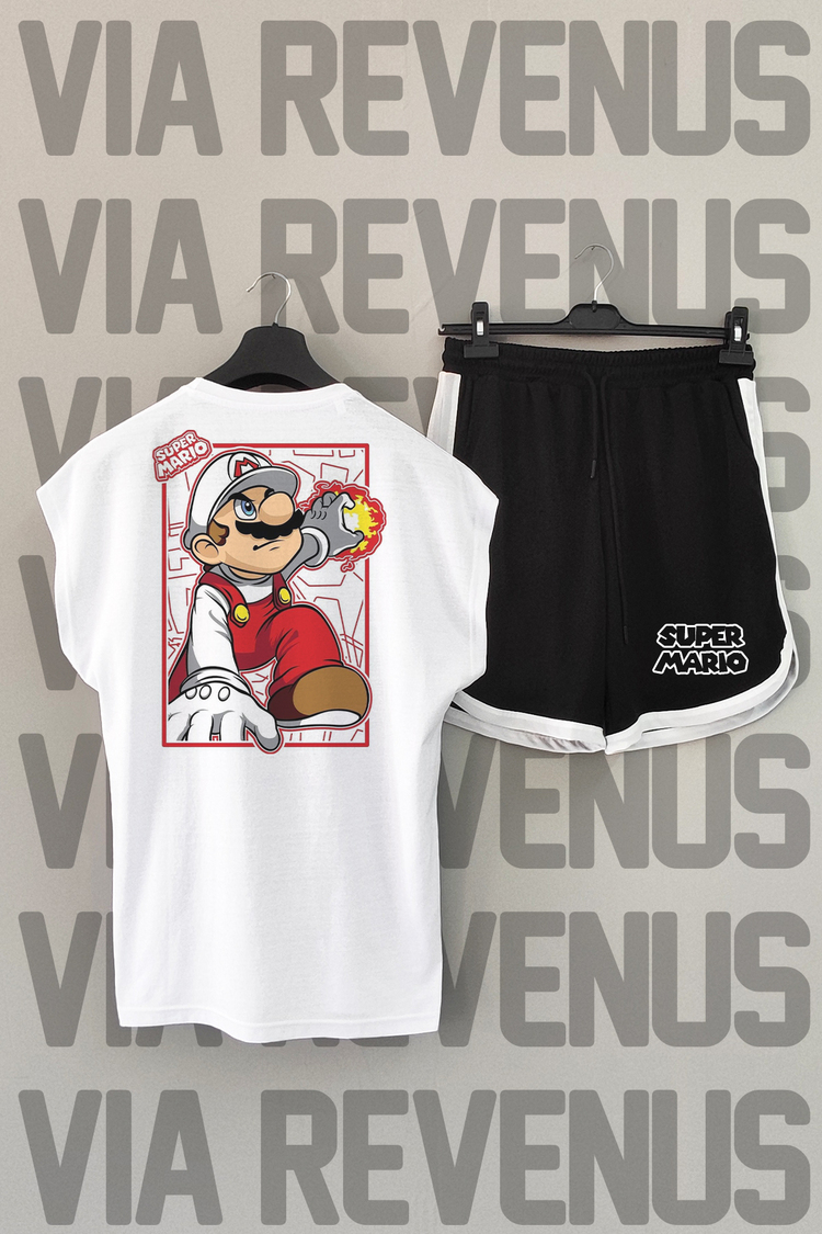 Super Mario Baskılı Beyaz Sıfır Kol Tshirt Şort Takım