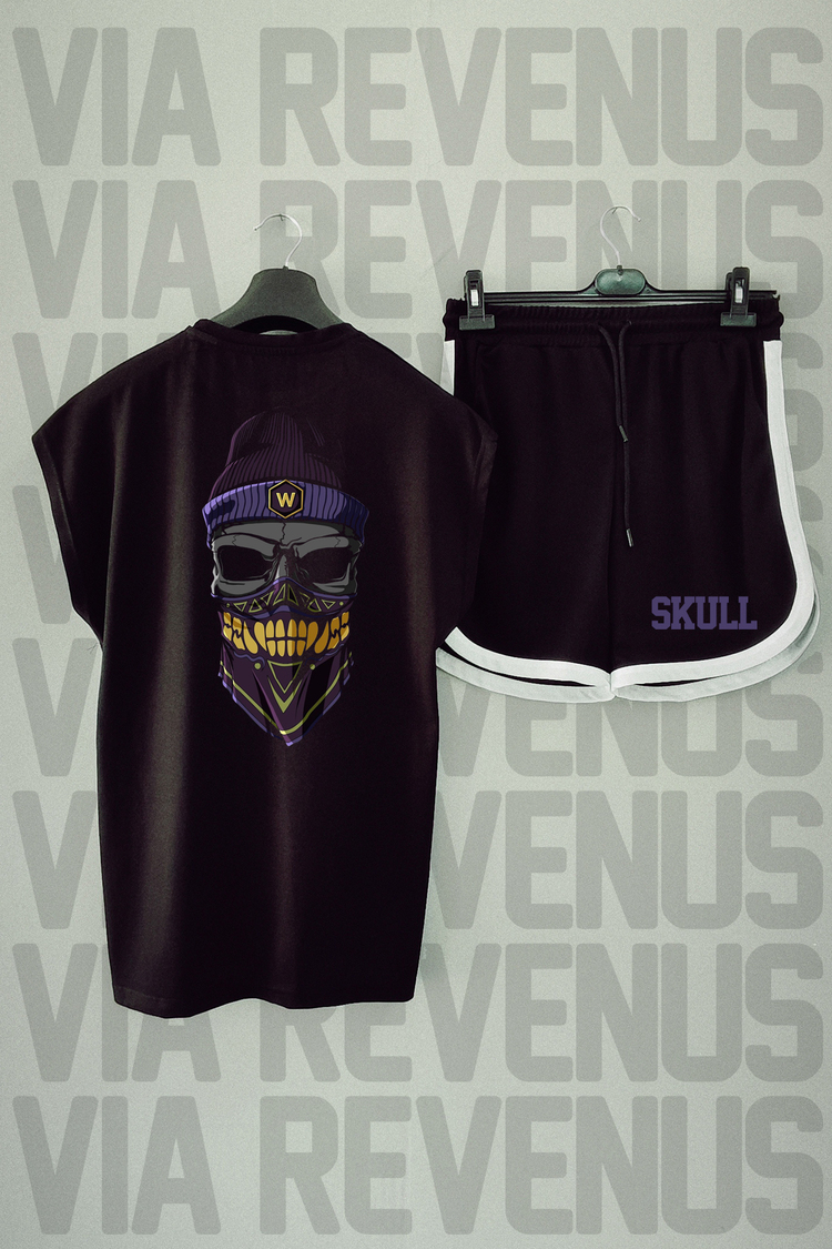 Skull Baskılı Siyah Sıfır Kol Tshirt Şort Takımı