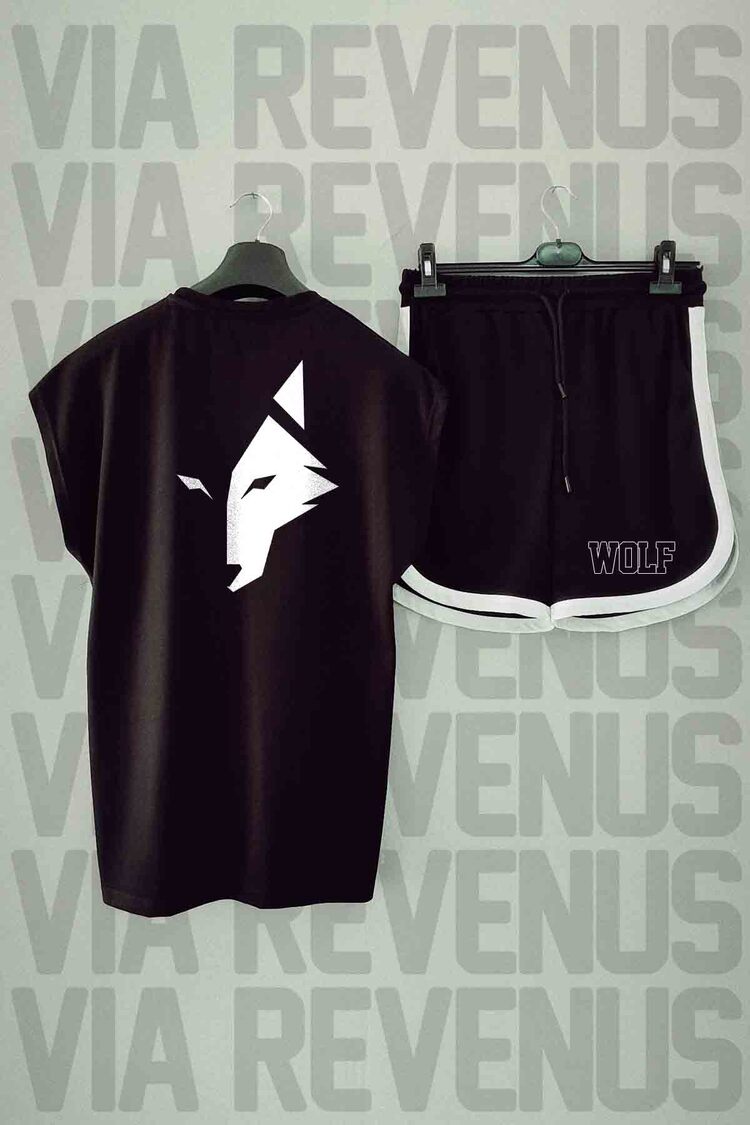 Wolf Baskılı Siyah Sıfır Kol Tshirt Şort Takımı
