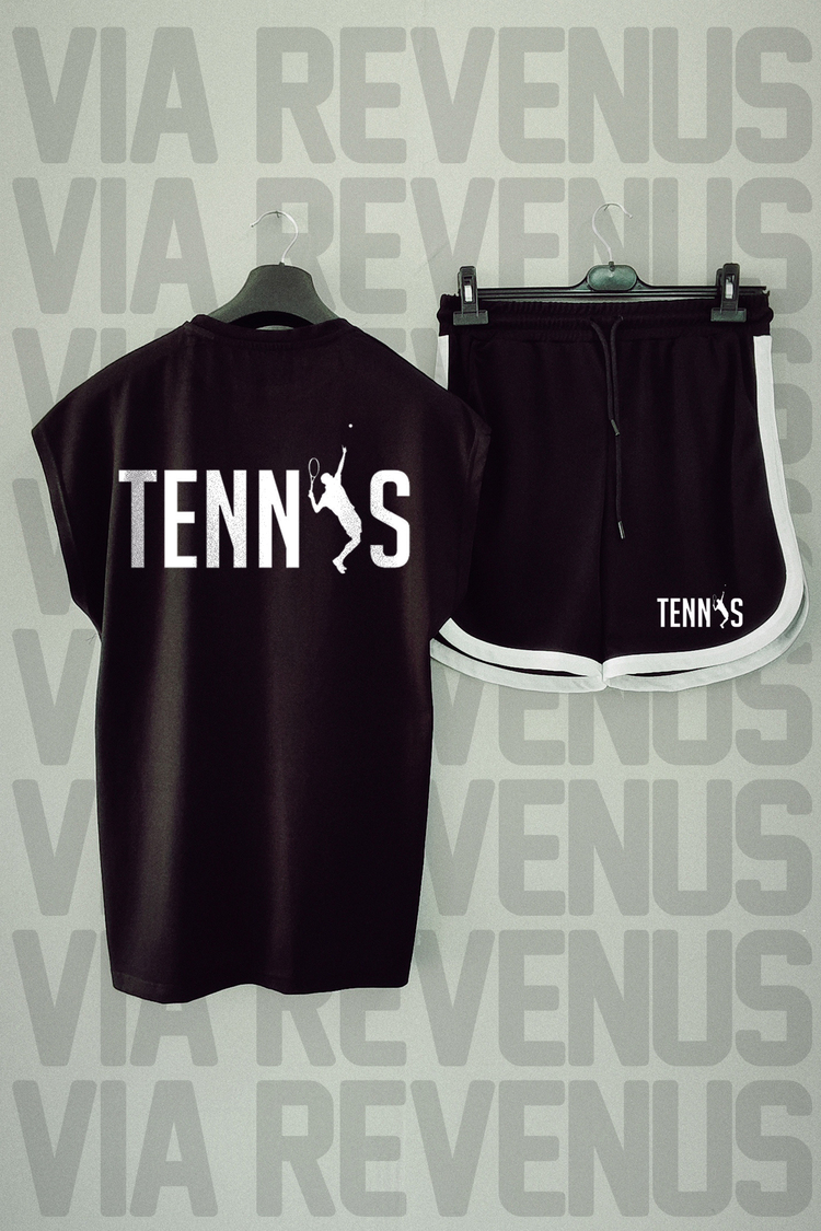 Tennis Baskılı Siyah Sıfır Kol Tshirt Şort Takımı