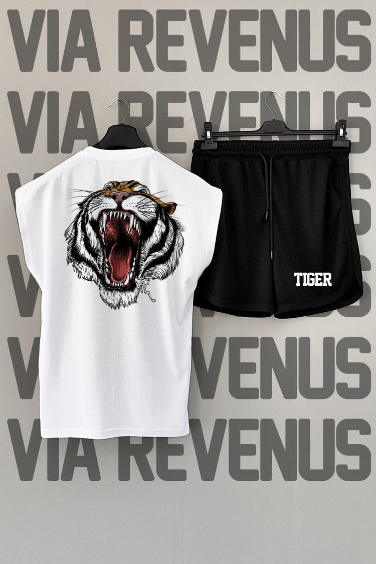 Tiger Baskılı Beyaz Sıfır Kol Tshirt Şort Takımı