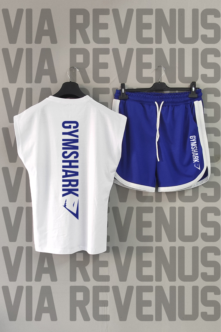 Gym Shark Baskılı Beyaz Sıfır Kol Tshirt ve Mavi Şort Takım