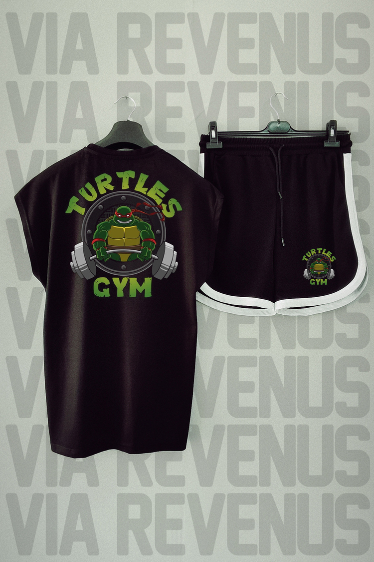 Turtles Gym Baskılı Siyah Sıfır Kol Tshirt Şort Takım