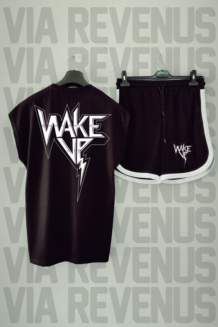 Wake Up Baskılı Siyah Sıfır Kol Tshirt Şort Takım