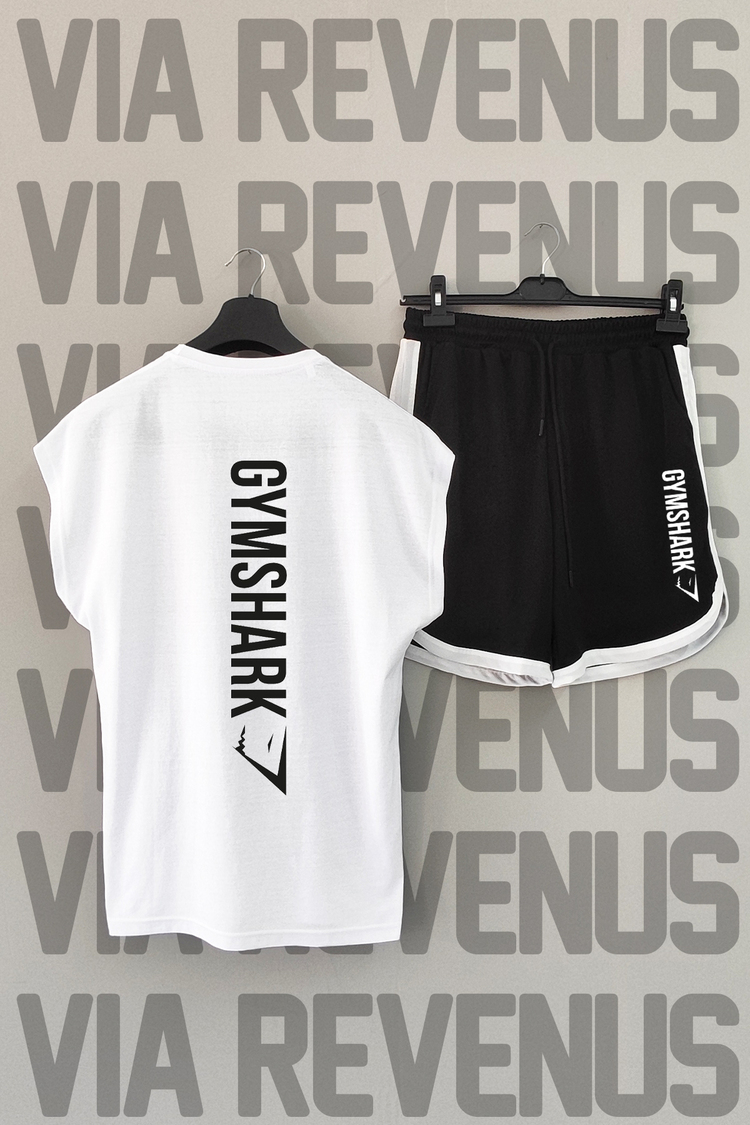Gym Shark Baskılı Beyaz Sıfır Kol Tshirt ve Siyah Şort Takımı