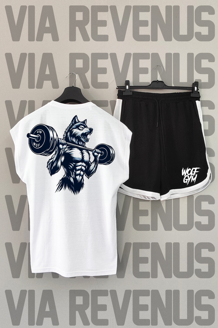 Wolf Gym Baskılı Beyaz Sıfır Kol Tshirt Şort Takım