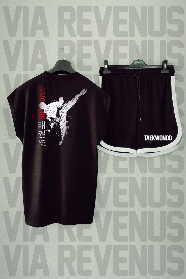 Taekwondo Baskılı Siyah Sıfır Kol Tshirt Şort Takım
