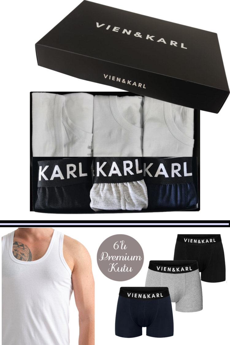 VIEN&KARL Premium Kutuda 6'lı Siyah Gri Lacivert Boxer / Atlet Set