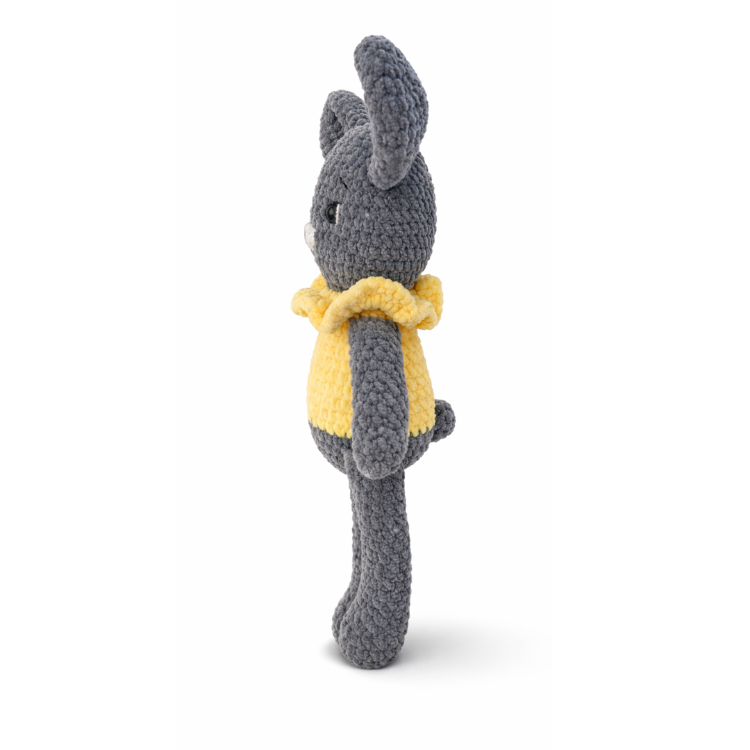 El Örgüsü Amigurumi Tavşan Oyuncak - Sarı Elbiseli ve Fırfır Yakalı Sevimli Gri Tavşan