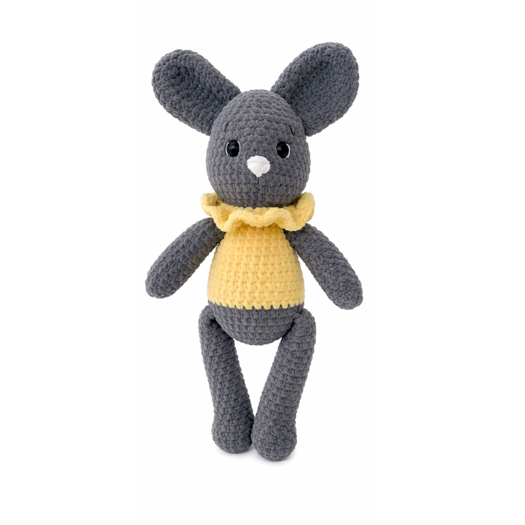 El Örgüsü Amigurumi Tavşan Oyuncak - Sarı Elbiseli ve Fırfır Yakalı Sevimli Gri Tavşan