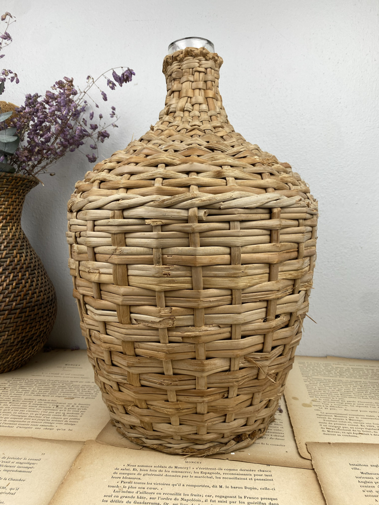 Antika Hasır Örme Üfleme Cam Damacana / Demijohn 