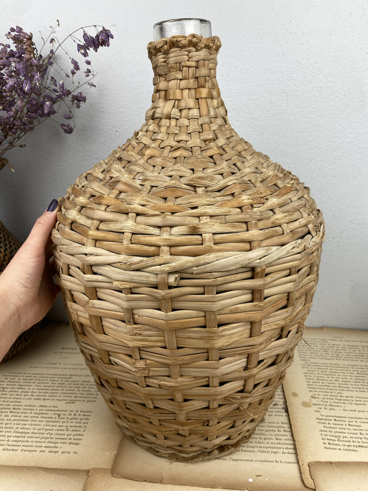 Antika Hasır Örme Üfleme Cam Damacana / Demijohn 