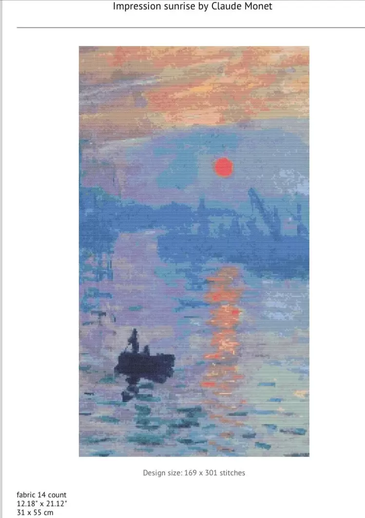 Impression sunrise by Claude Monet büyük kanaviçe desen 169x301 stitches. 31x55 cm - 29 renk