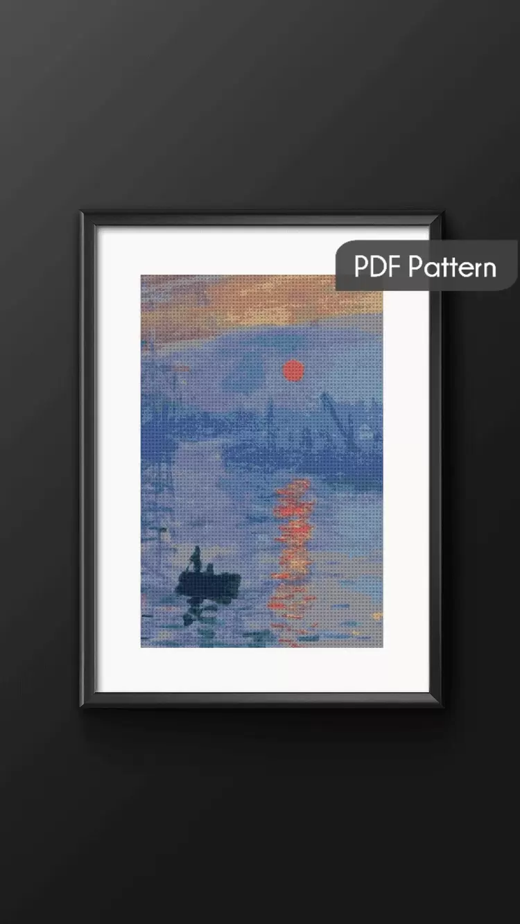 Impression sunrise by Claude Monet büyük kanaviçe desen 169x301 stitches. 31x55 cm - 29 renk