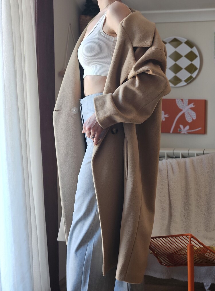 Kadın Bej Oversize Kaşe Kaban