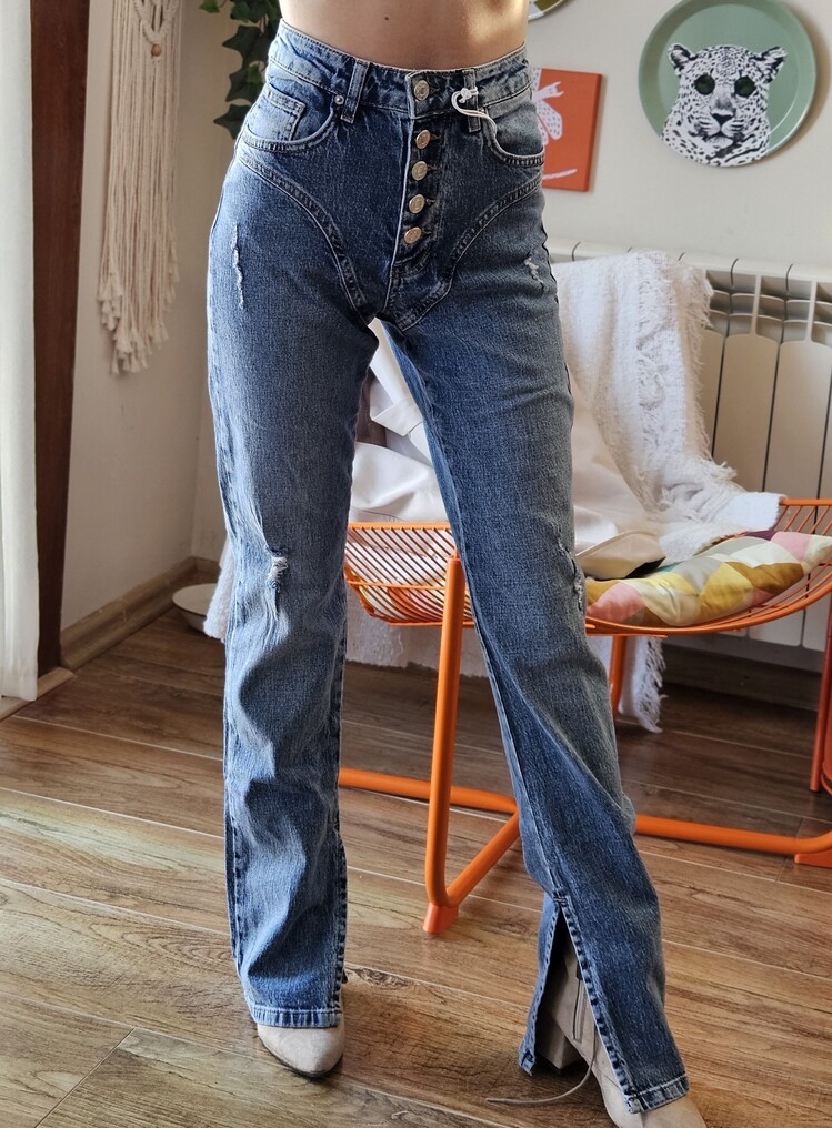Yüksek Bel Düğme Detaylı Yırtmaçlı Denim Pantolon