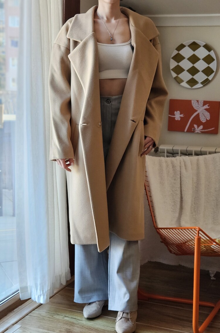 Kadın Bej Oversize Kaşe Kaban