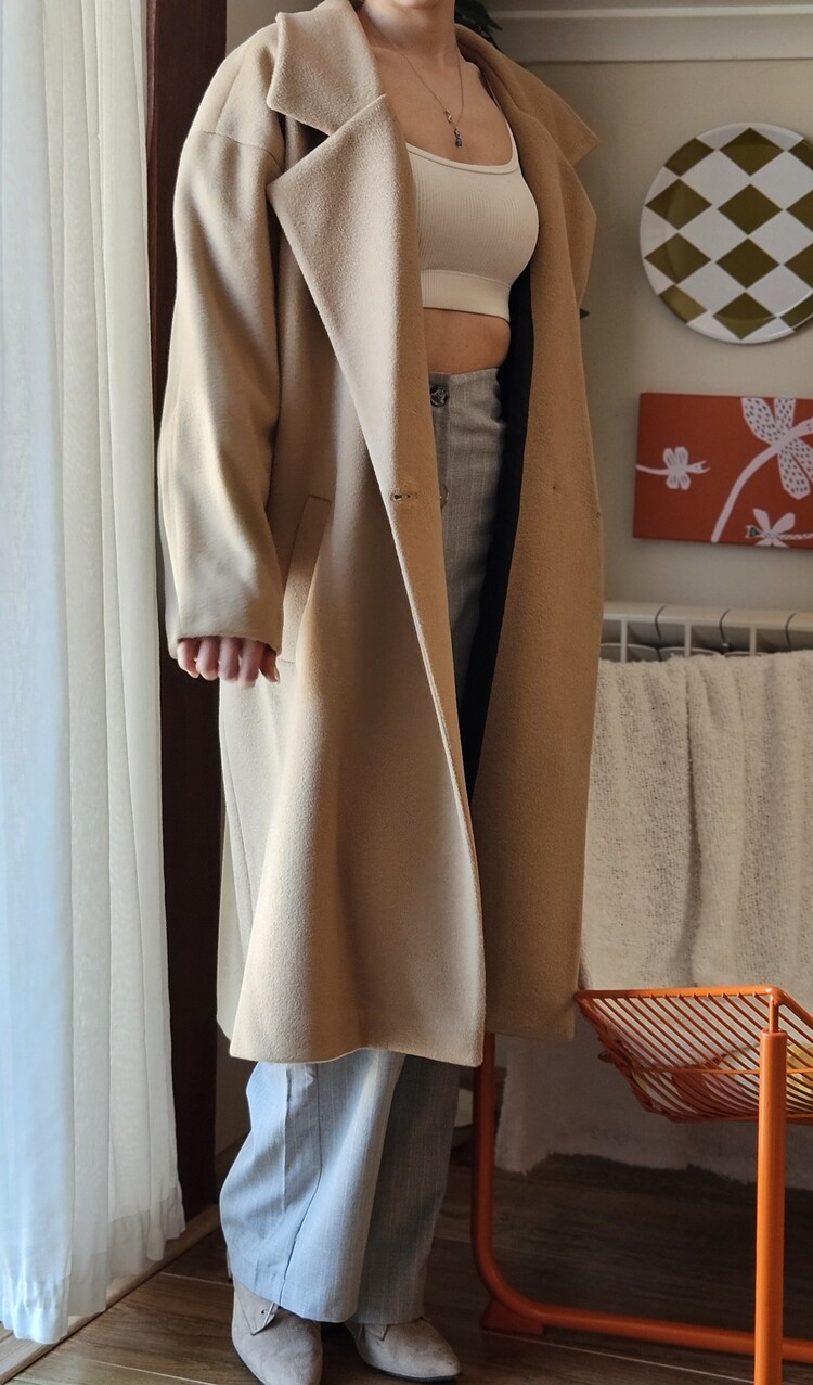 Kadın Bej Oversize Kaşe Kaban