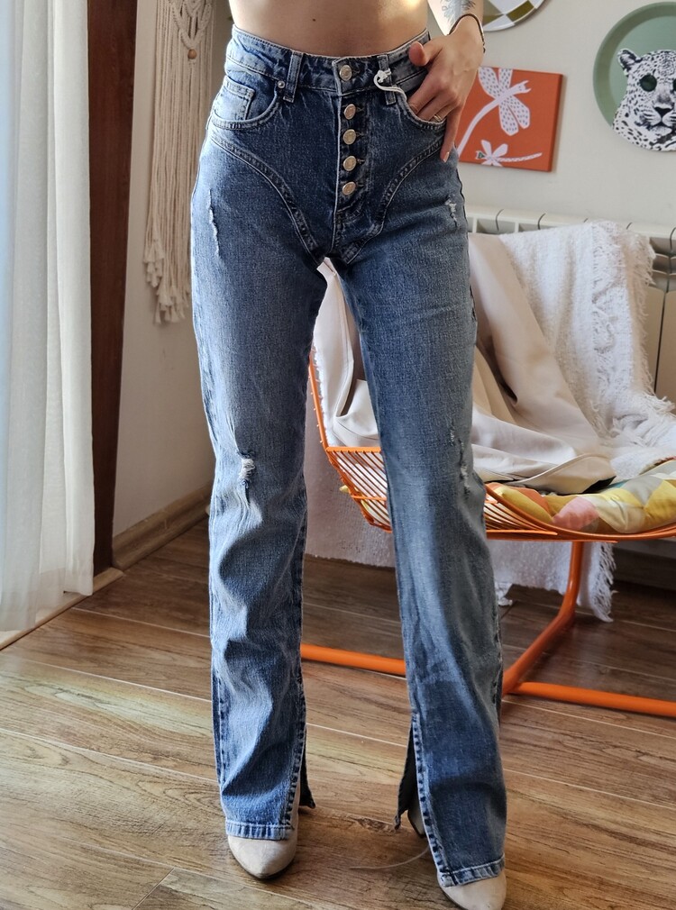Yüksek Bel Düğme Detaylı Yırtmaçlı Denim Pantolon