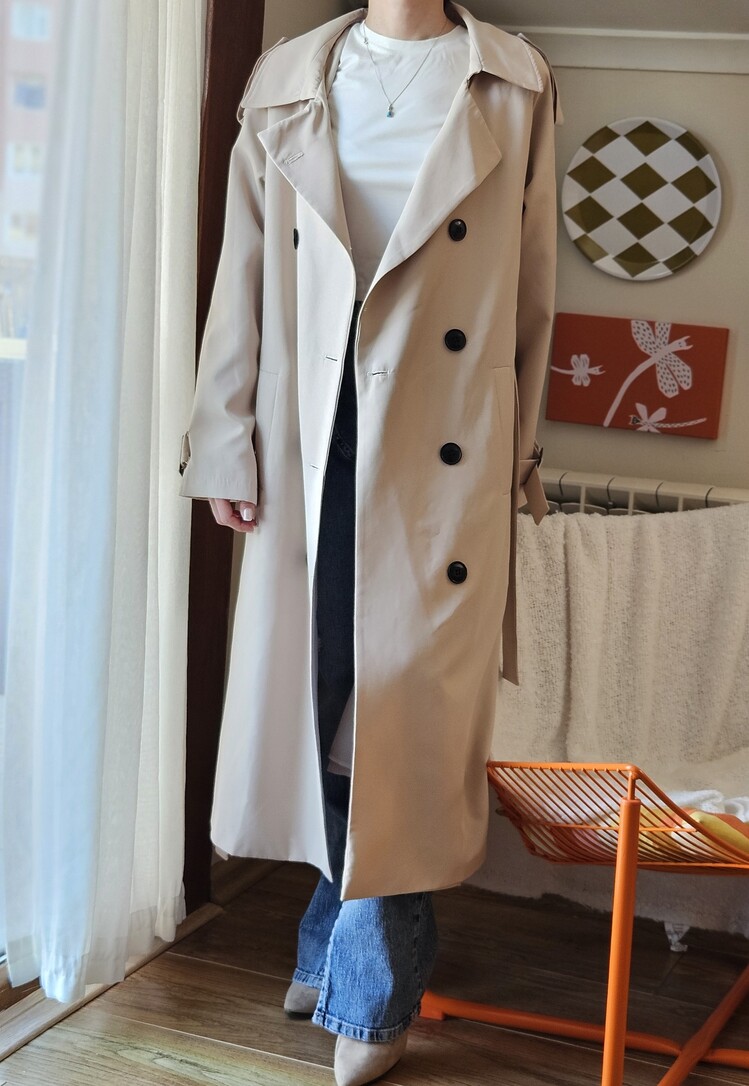 Kadın Oversize Uzun Düğmeli Kemer Detaylı Klasik Trençkot