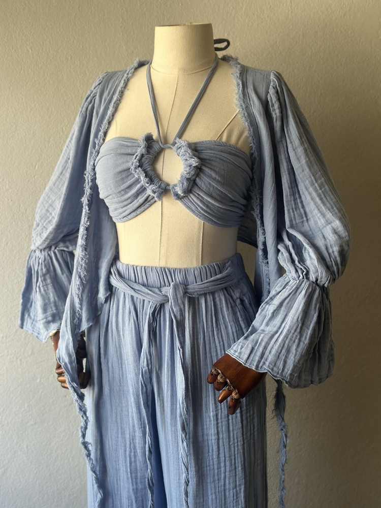 3lü takım Özel Boho Tasarım - pantolon,bluz,büstiyer - Bebe Mavi