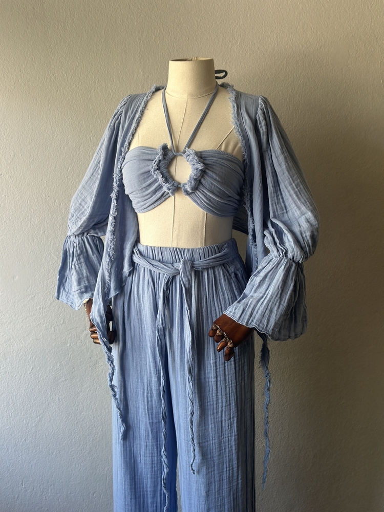 3lü takım Özel Boho Tasarım - pantolon,bluz,büstiyer - Bebe Mavi