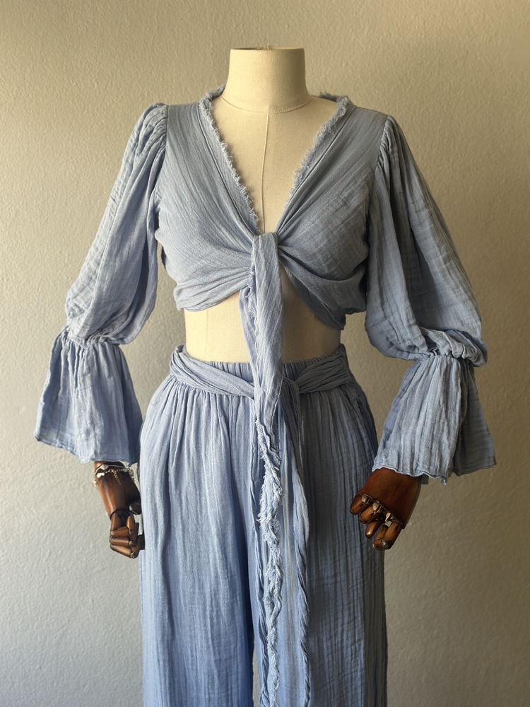 3lü takım Özel Boho Tasarım - pantolon,bluz,büstiyer - Bebe Mavi