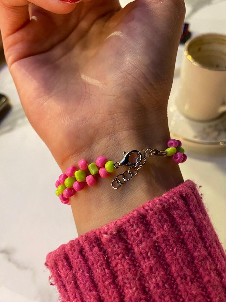 Pembe-Yeşil Örme Bileklik