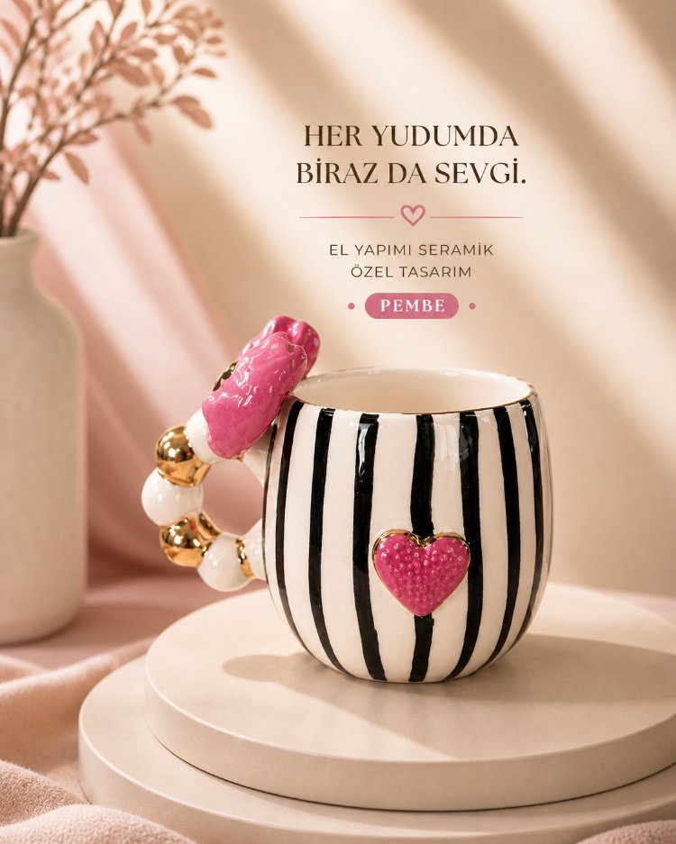 Pembe Aşk (Çizgili) Duble Türk Kahve Fincanı