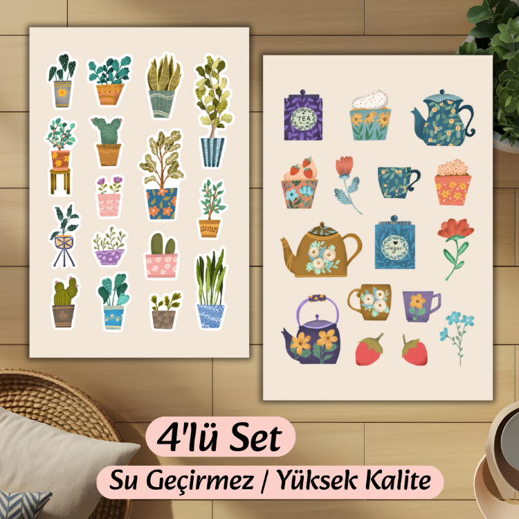 4'lü Çiçekli Vintage Sticker D00009