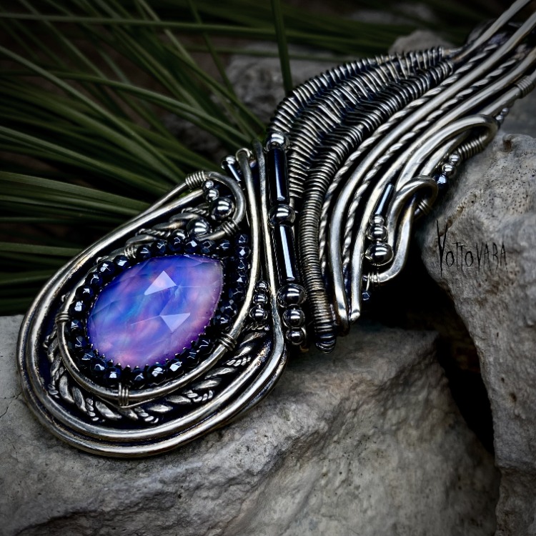 Rosefire Feather - Aurora Opal Pendant