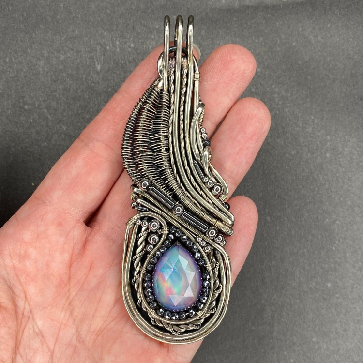 Rosefire Feather - Aurora Opal Pendant