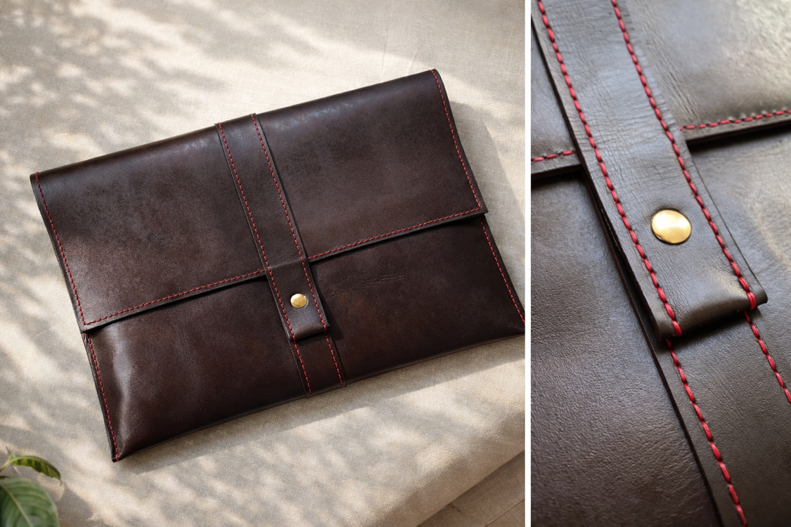 Kahve Deri / Kırmızı Dikiş Clutch 