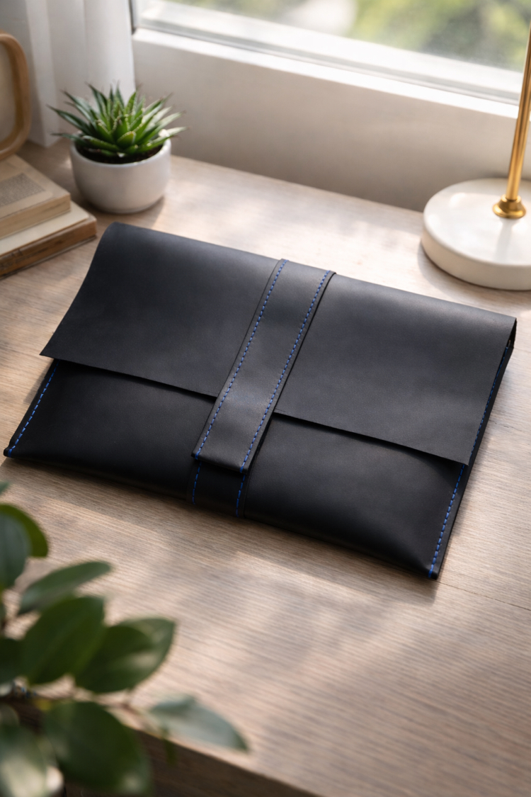 Siyah Mat Deri/ Mavi Dikiş Clutch