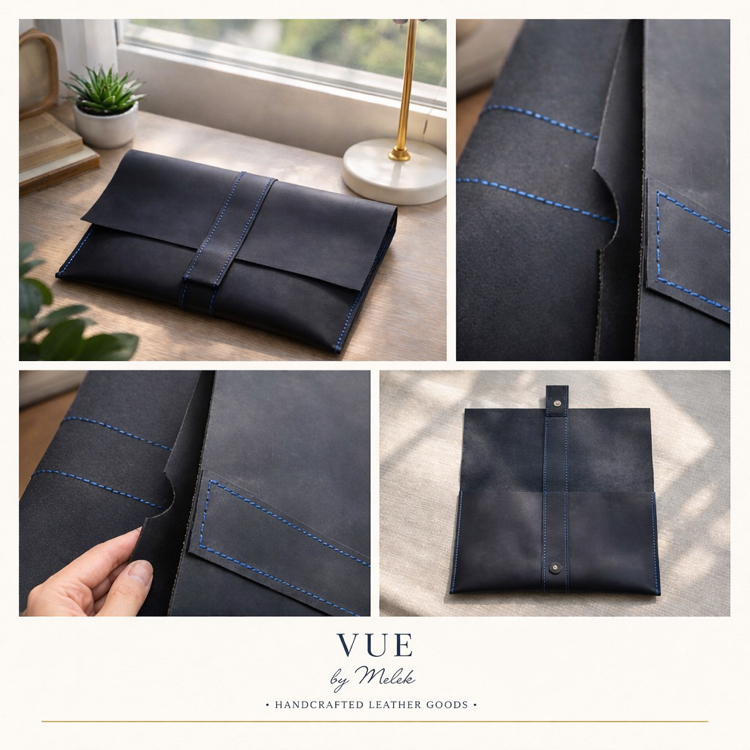 Siyah Mat Deri/ Mavi Dikiş Clutch