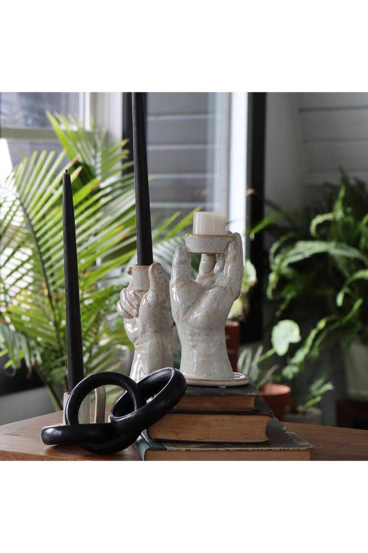 Porselen Mumluk Bej Dekoratif Şamdan Mumluk Salon Konsol Masa Üstü Mumluk 18 cm