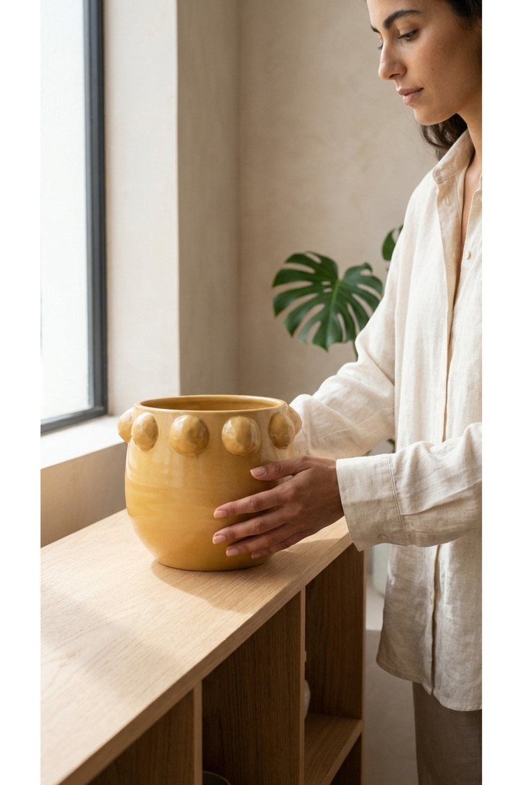 El Yapımı Sarı Noktalı Kabartmalı Terracotta Saksı Modern Salon Ofis Balkon Dekoru