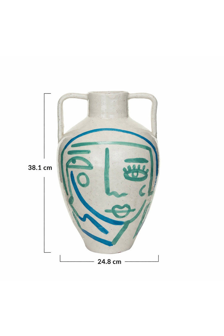 Beyaz-Mavi-Turkuaz El Yapımı Soyut Yüz Terracotta Vazo Boho Salon Konsol Sehpa Dekoru