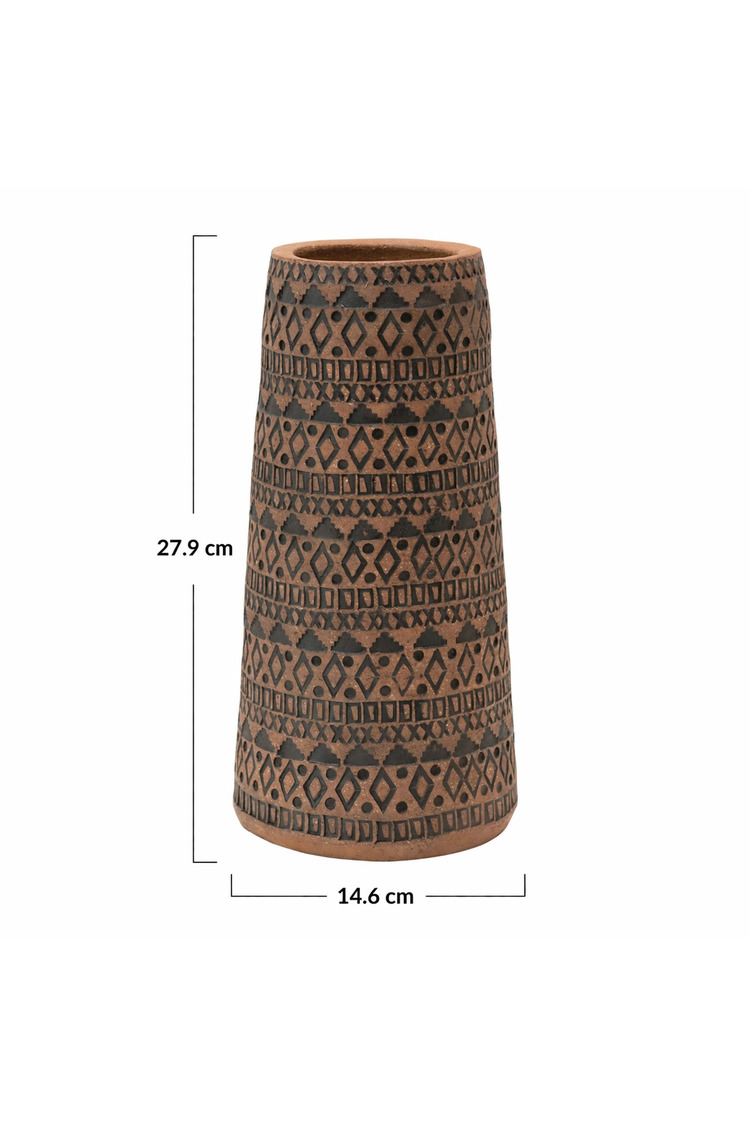 Siyah El Yapımı Terracotta Vazo Kabartmalı Modern Boho Dekor Salon Konsol Sehpa Dekoru
