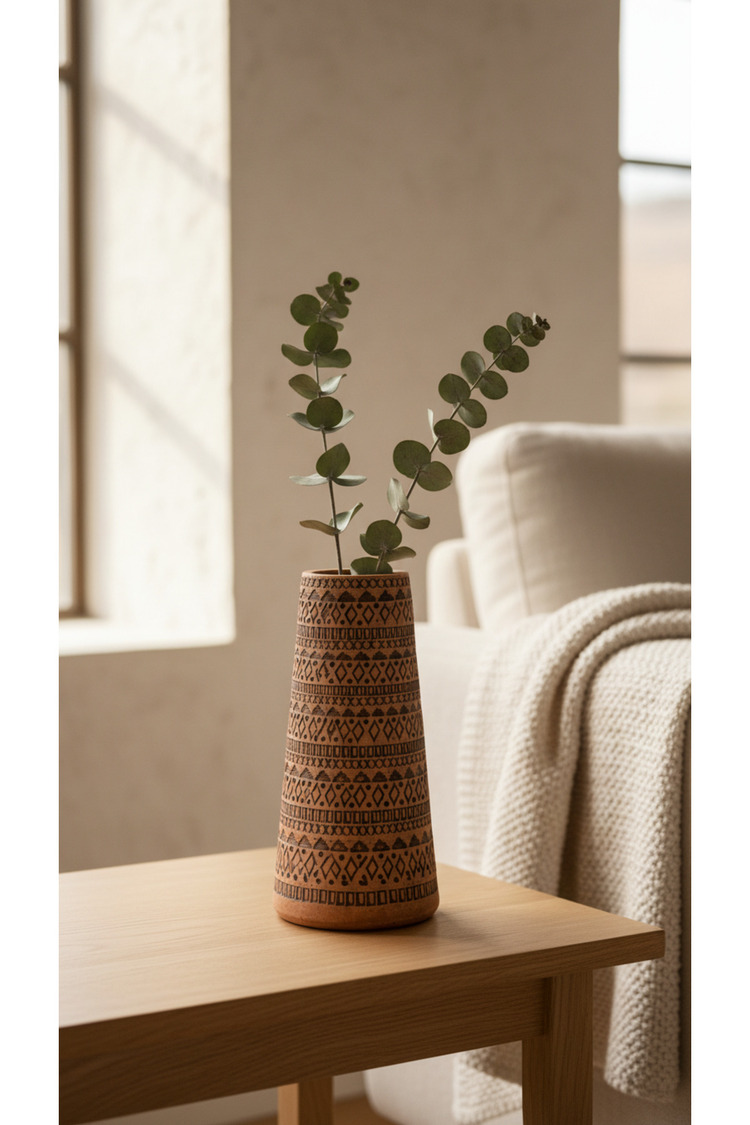 Siyah El Yapımı Terracotta Vazo Kabartmalı Modern Boho Dekor Salon Konsol Sehpa Dekoru