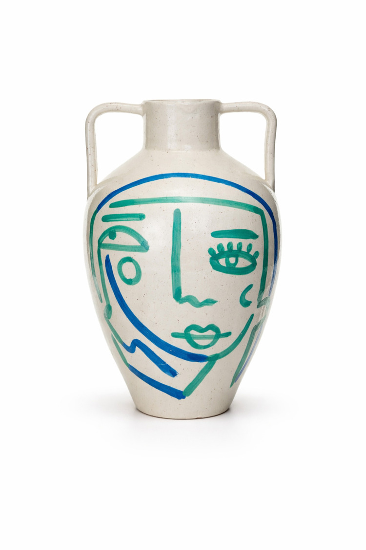 Beyaz-Mavi-Turkuaz El Yapımı Soyut Yüz Terracotta Vazo Boho Salon Konsol Sehpa Dekoru