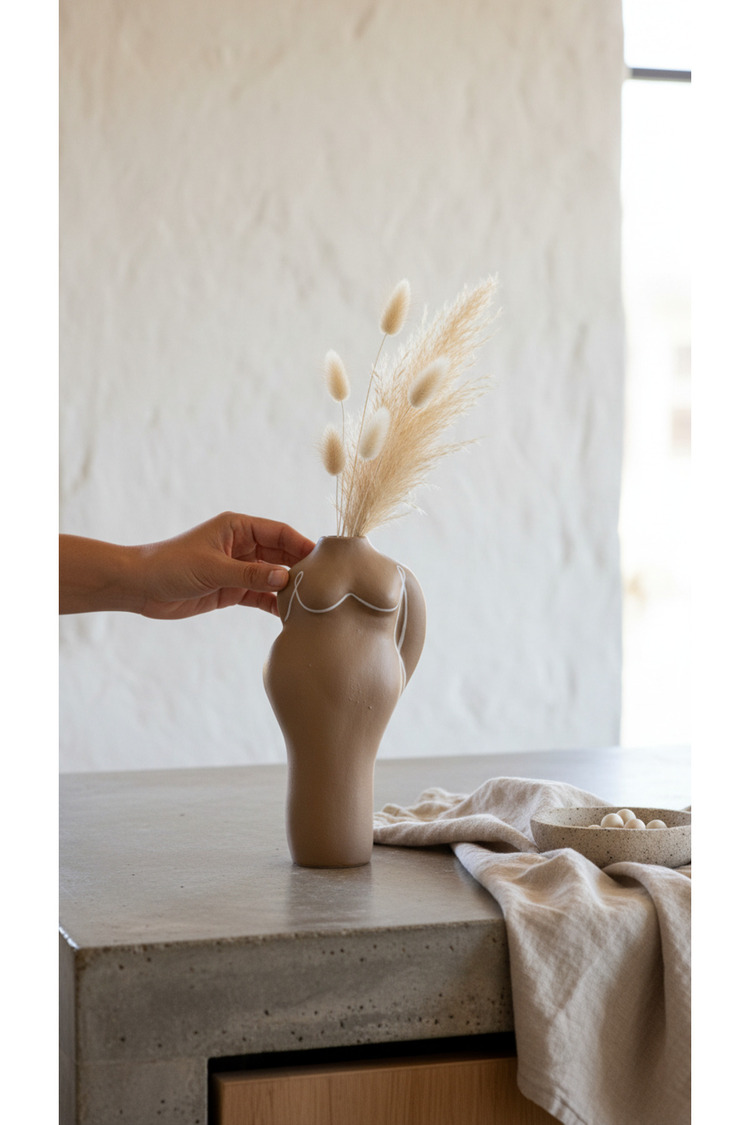 Terracotta Gövde Şekilli Vazo Dekoratif Modern Salon Konsol Bohem Heykelsi Seramik Vazo 20 Cm