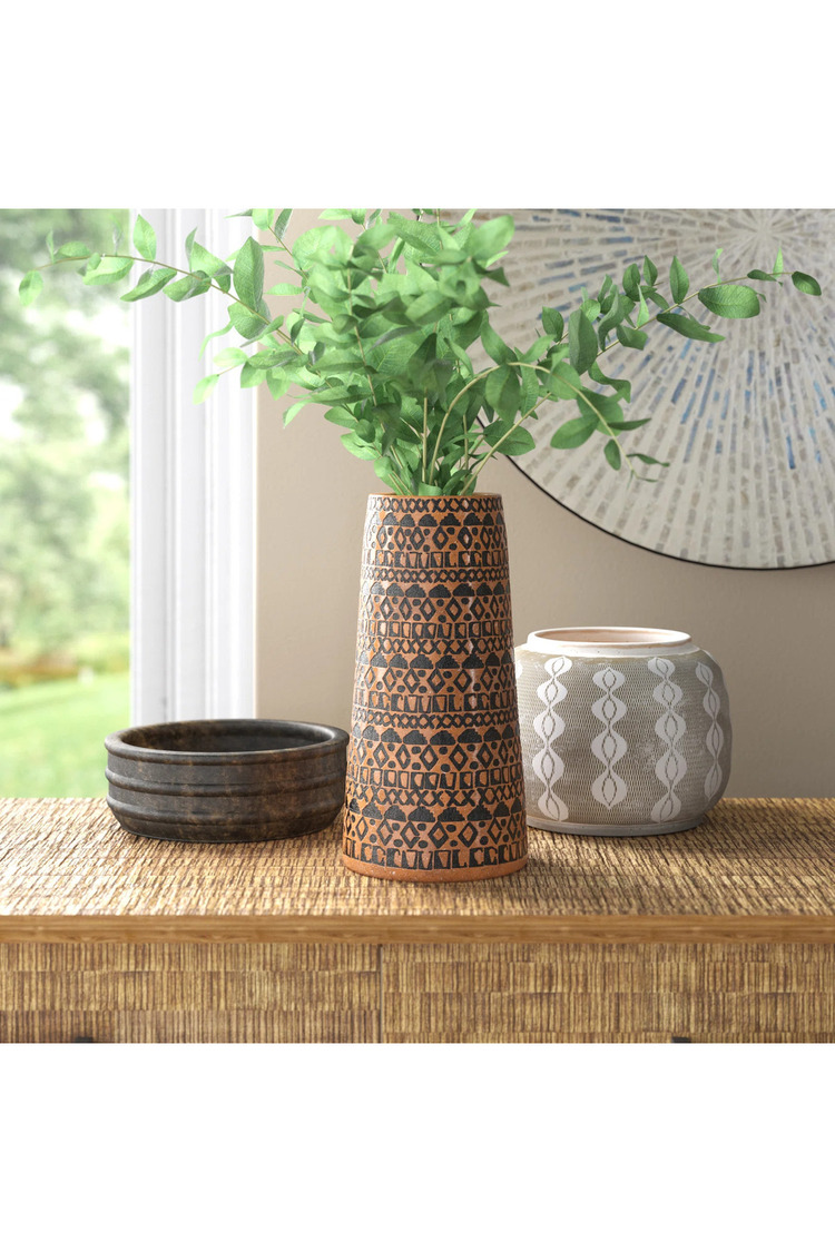 Siyah El Yapımı Terracotta Vazo Kabartmalı Modern Boho Dekor Salon Konsol Sehpa Dekoru