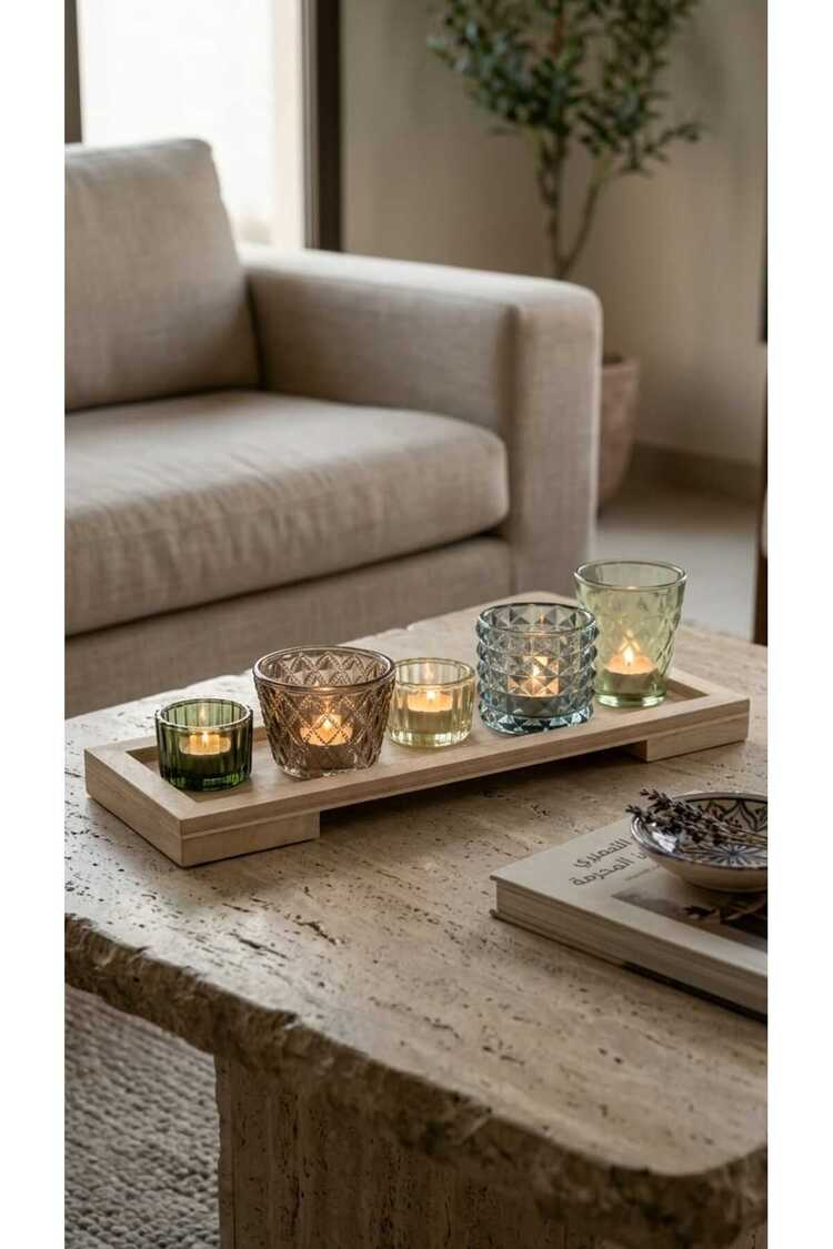 Çok Renkli Ahşap Dekoratif Mumluk Modern Salon Yemek Masası Konsol Dekoru
