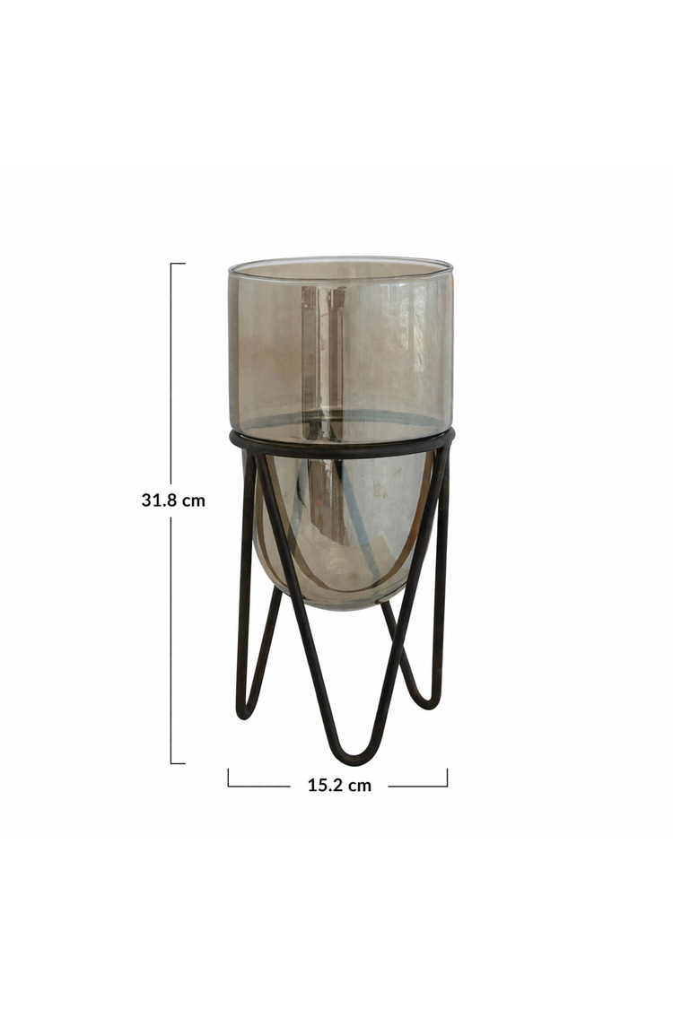 Siyah-Kahverengi Dekoratif Metal Standlı Cam Sütun Mumluk Modern