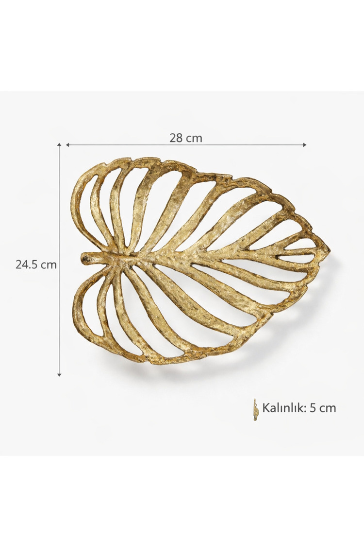 Gold Yaprak Desenli Dekoratif Metal Tepsi 29x25 cm Sehpa Kahve Sunum Tepsisi Ev Dekoru