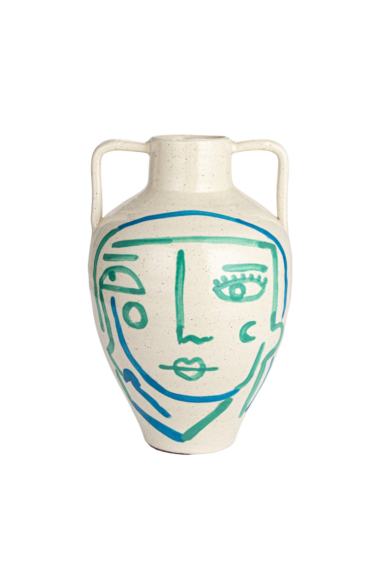 Beyaz-Mavi-Turkuaz El Yapımı Soyut Yüz Terracotta Vazo Boho Salon Konsol Sehpa Dekoru